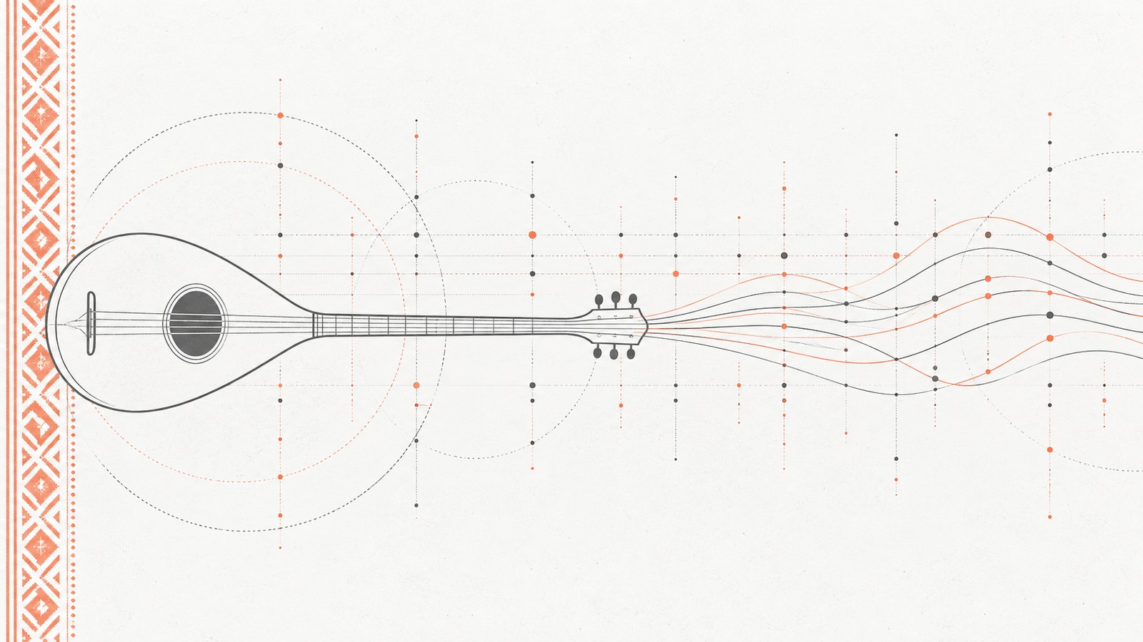 A bouzouki outline whose strings continue into a spectral staff, beside Greek folk ornament