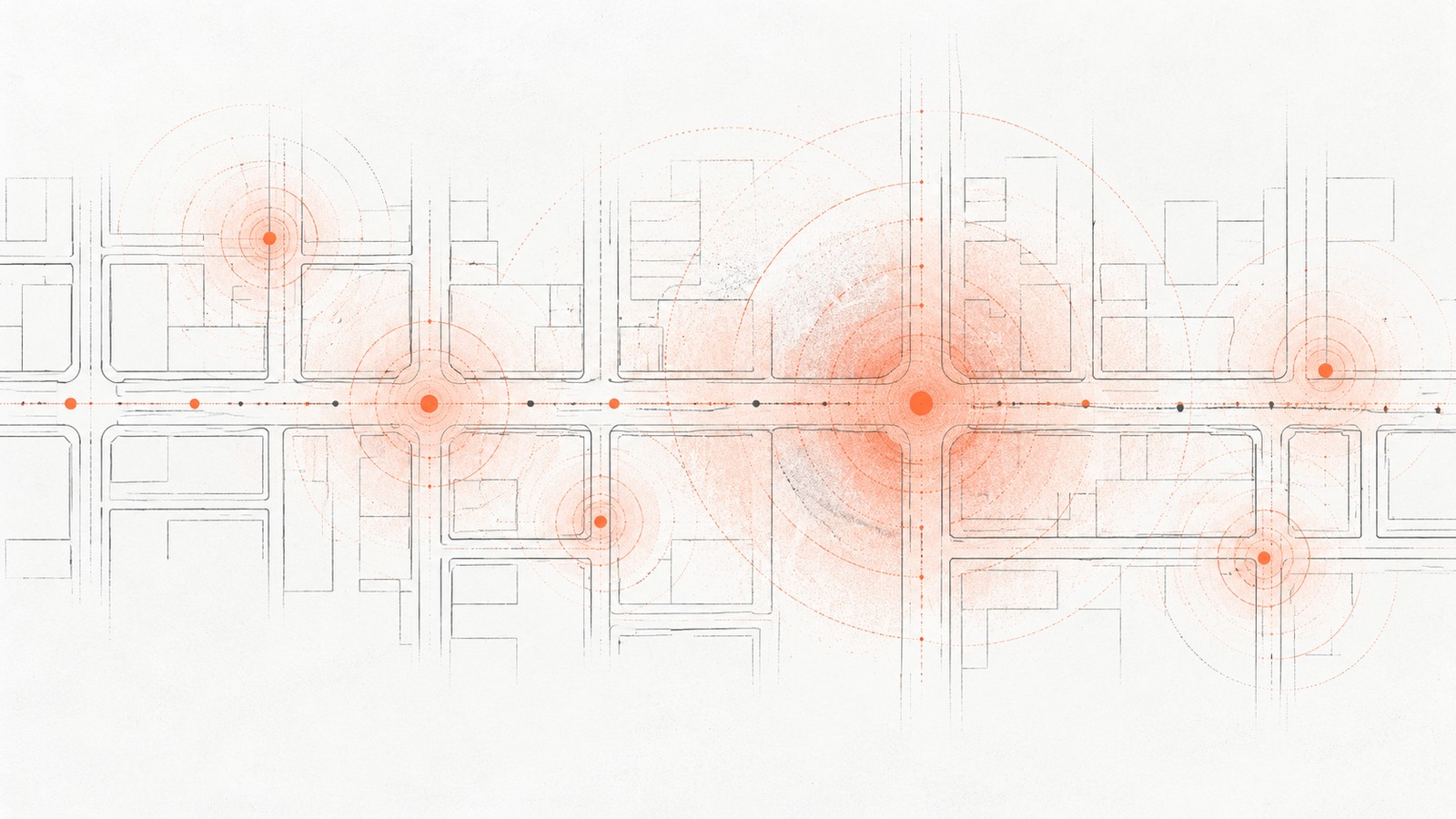 A city street grid seen from above, with acoustic ripples blooming over the busier junctions