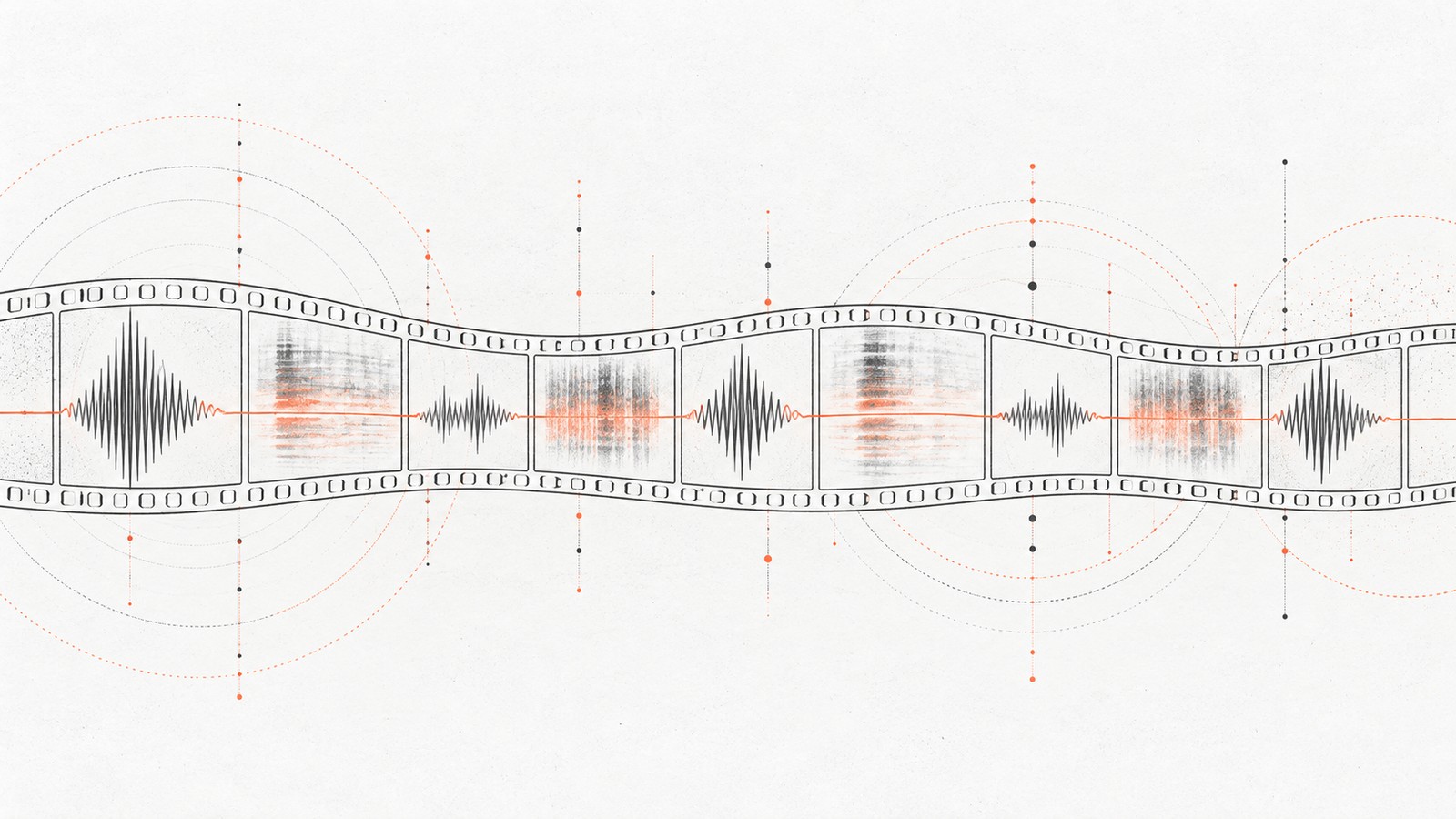 A film strip whose picture frames have been replaced by waveforms and spectrograms